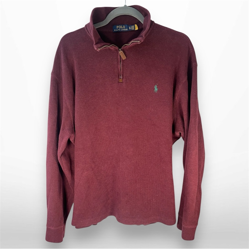 Polo Ralph Lauren Sweater XL Burgundy Cotton Pullover Quarter Zip Green Horse QR